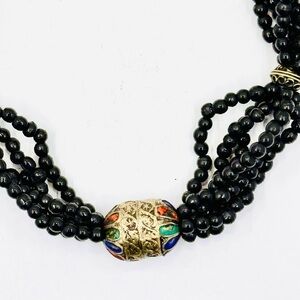 Vintage Black Onyx Mala Prayer Bead Necklace W/Tibetan Style Bead W/Inlay 22”